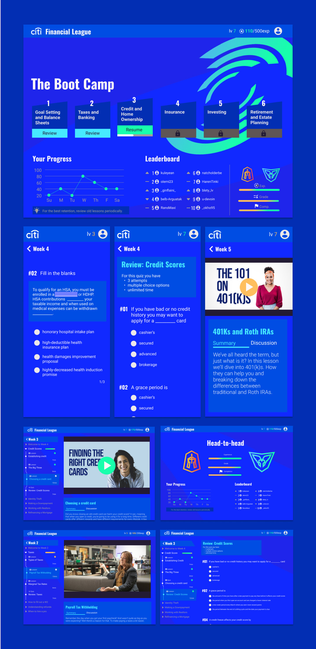 Screencaps of a web design project. It's an e-learning platform for Citi Bank. The design takes inspiration from moden sports videogames.