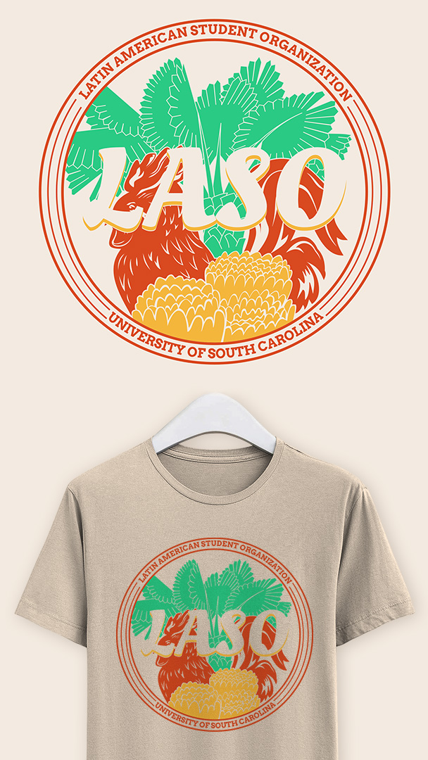 A red rooster standing behind organge flowers and in front of a green palm tree. Wrapped around the objects are the words Latin American Student Organization - University of South Carolina.