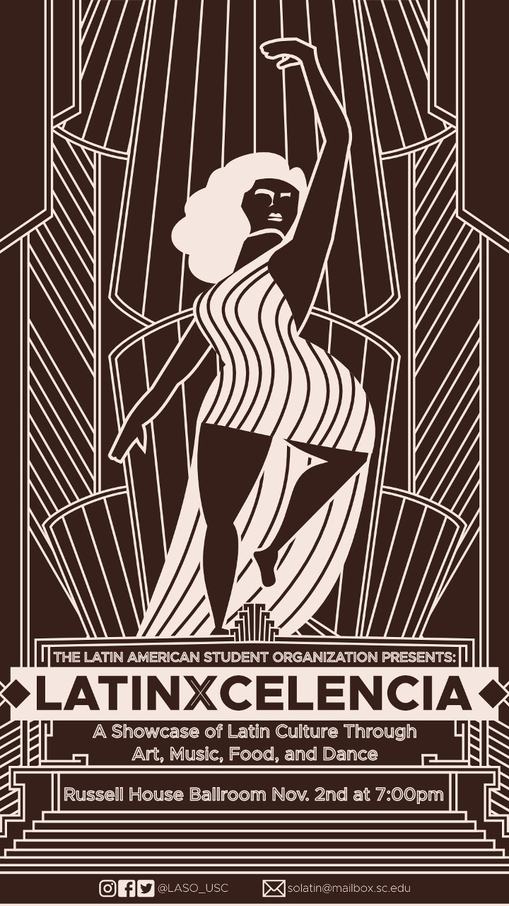 Art deco poster of a woman standing on top of a mesoamerican pyramid promoting an event called Latinxcelencia